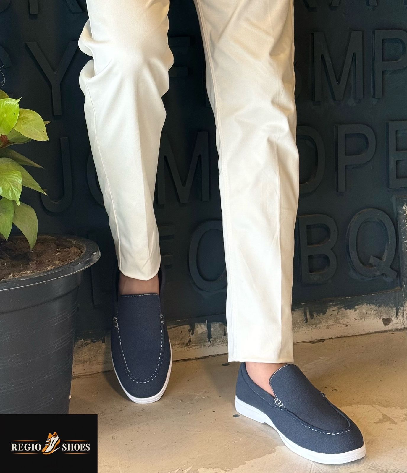 Men's Navy Blue Suede Slip-On Loafers with White Sole