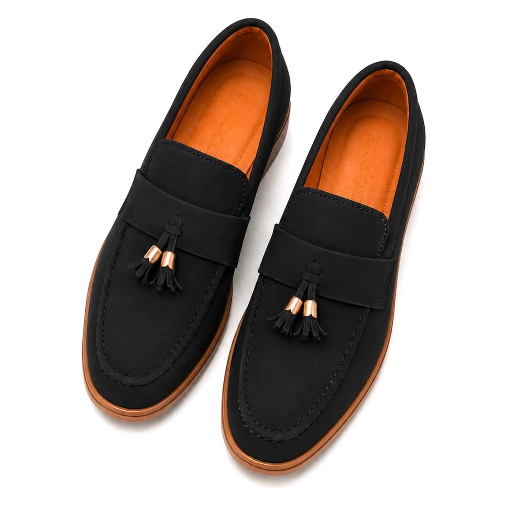 Men's Black Suede Tassel Loafers – Slip-On Dress Casual Shoes