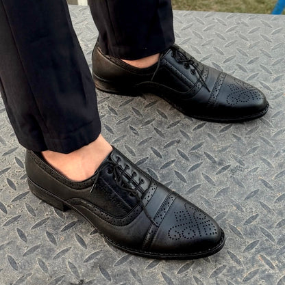 Men's Black Full-Brogue Wing-Tip Oxford Shoes