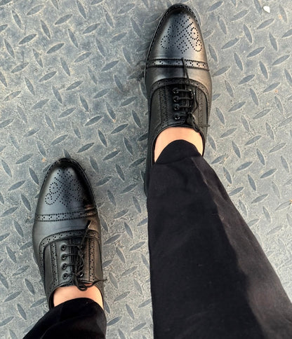 Men's Black Full-Brogue Wing-Tip Oxford Shoes