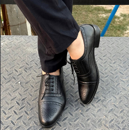 Men's Black Full-Brogue Wing-Tip Oxford Shoes