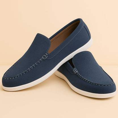 Men's Navy Blue Suede Slip-On Loafers with White Sole