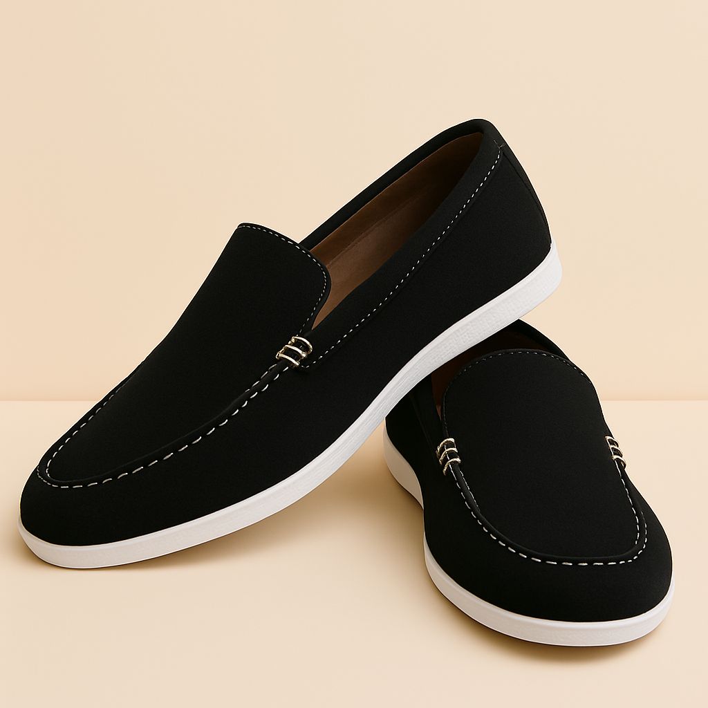 Men's Black Suede Slip-On Loafers with White Sole