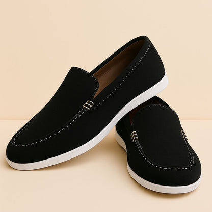 Men's Black Suede Slip-On Loafers with White Sole