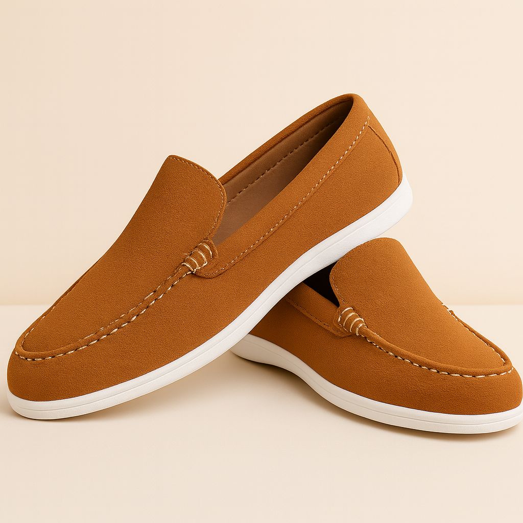 Men's Tan Camel Suede Slip-On Loafers with White Sole