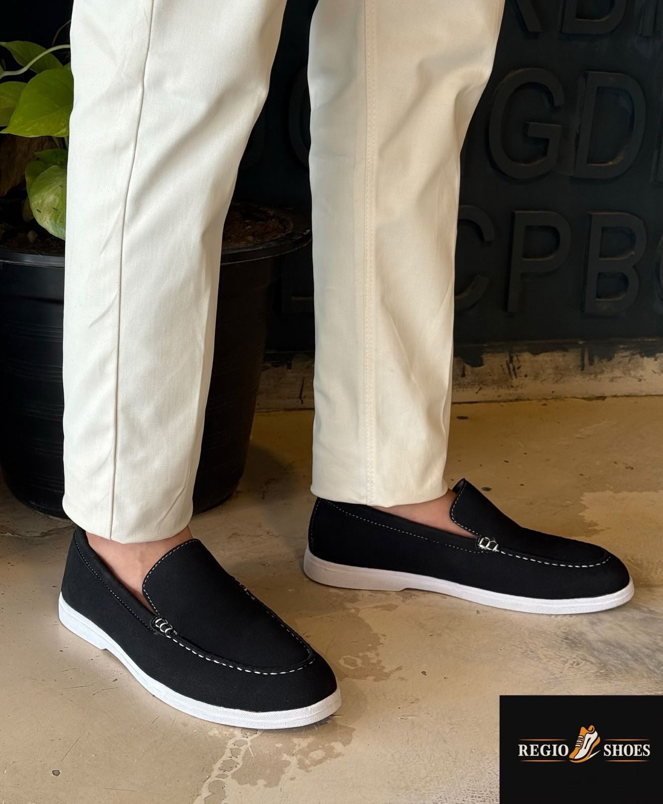 Men's Black Suede Slip-On Loafers with White Sole