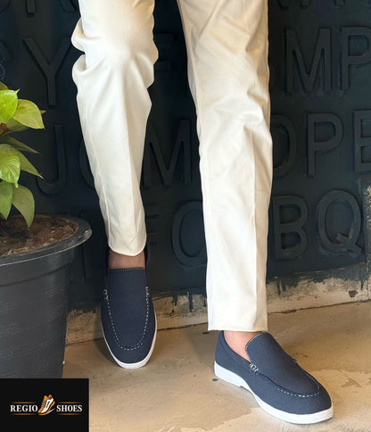 Men's Navy Blue Suede Slip-On Loafers with White Sole