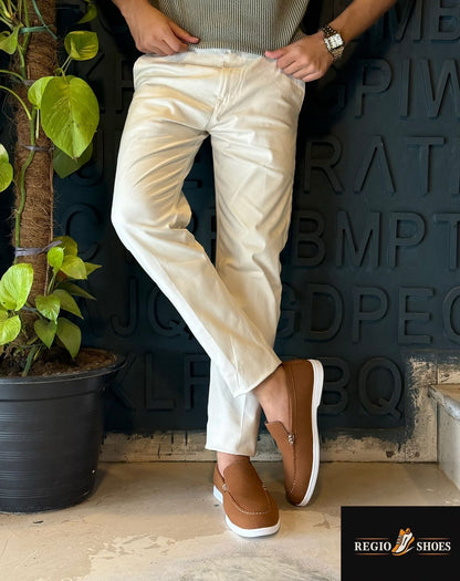 Men's Tan Camel Suede Slip-On Loafers with White Sole